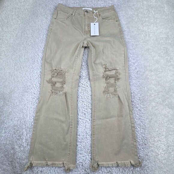 RISEN LOS Angeles Sand High Rise Distressed Straight Leg Jean Raw Hem 7/28 NEW - Picture 2 of 16